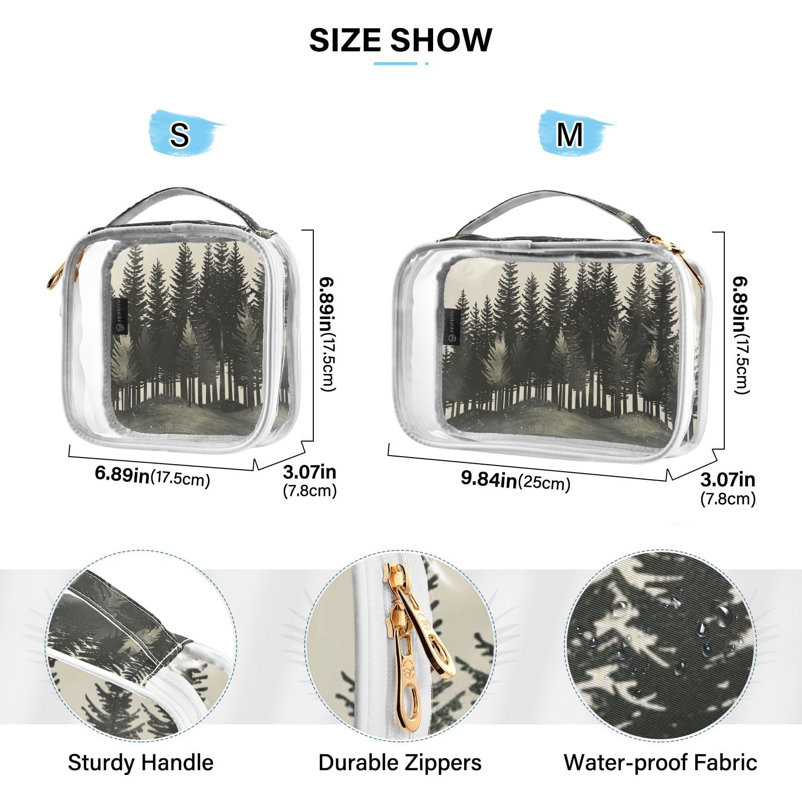 Clear Makeup Bags with Handle Large Opening 2 Pack Set Toiletry Bag Quart Size Bag, for Women Man Traveling Travel Essentials, Toiletries and Other. Hand Drawn Forest