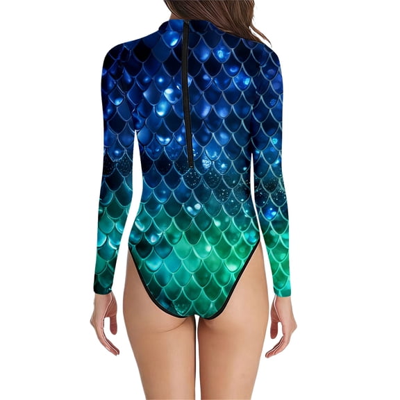 Long Sleeve Swimsuit for Women Scale Print High Neck Bathing Suit Full Coverage Rash Guard Sun Protection Athletic Swimwear for Beach