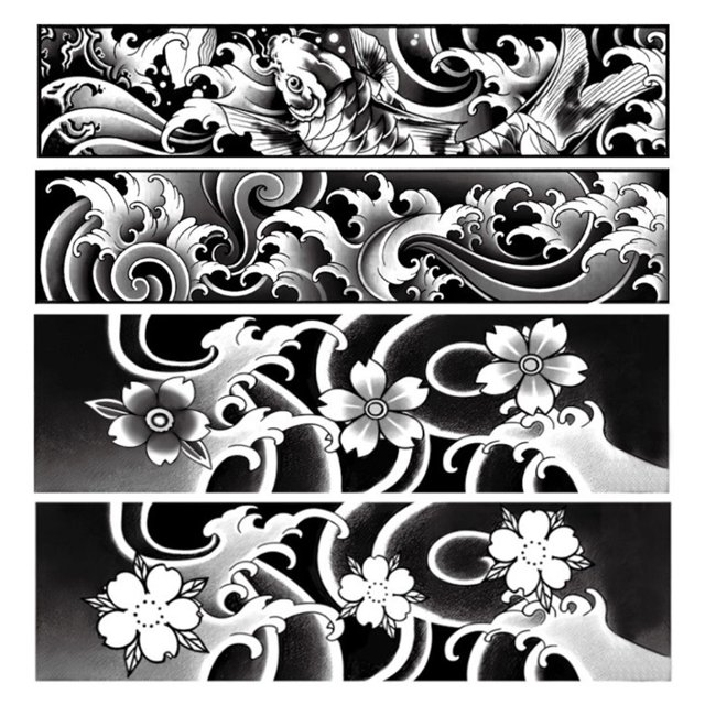 (Hermoso tatuaje GZXBH 1-4) 4 piezas pegatinas tatuaje jugo semipermanentes serie plantas patrón japonés 55 * 210 MM pegatinas tatuaje corporal con brazalete