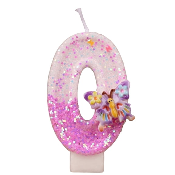 Creative Cartoon Numeral Birthday Candle, Pink Number Cake Topper with Butterfly Decoration, Elegant Party Supplies for Anniversary Celebration, Number 0