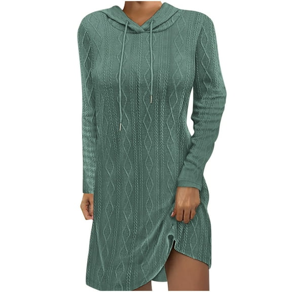 Elainilye Fashion Long Sleeve Dress for Women Casual Hooded Solid Long Sleeve Drawstring Solid Pullover Dresses,Green