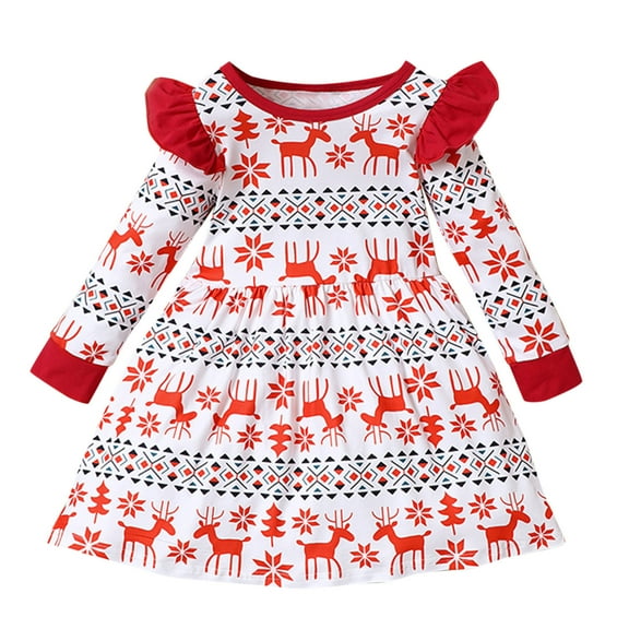 Mercatoo Toddler Baby Girls Christmas Dresses Nightgowns Ruffle Reindeer Long Sleeve Princess Dress Casual Holiday Dress Clothes