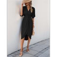 thumbnail image 6 of Short Sleeve Dresses for Women V Neck Pleated Slim Fit Flowy Swing Shift Irregular Midi Dress Black S, 6 of 9