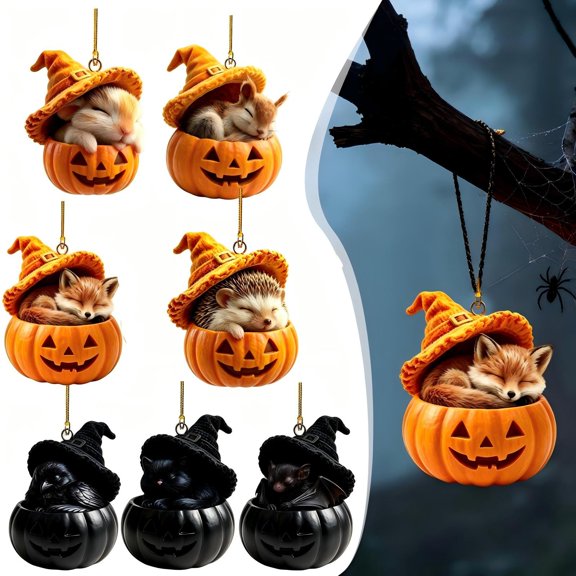 HonstMatter Halloween Ornament, Cute Sleeping Animal In Pumpkin With Witch Hat, Hanging Decor For Halloween Tree Shelf And Window Display