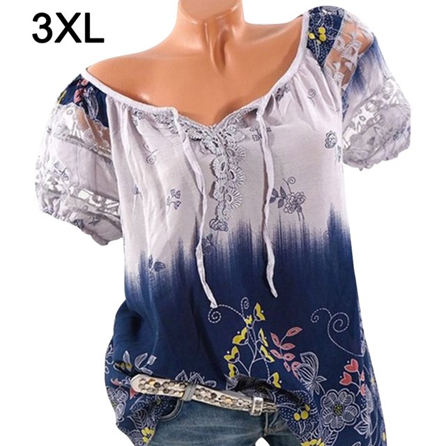 Blusa Camisa estampada de manga corta con cuello en V Blusa suelta Mujer Top de verano, Gris, 3XL Yuarrent AP001925-06