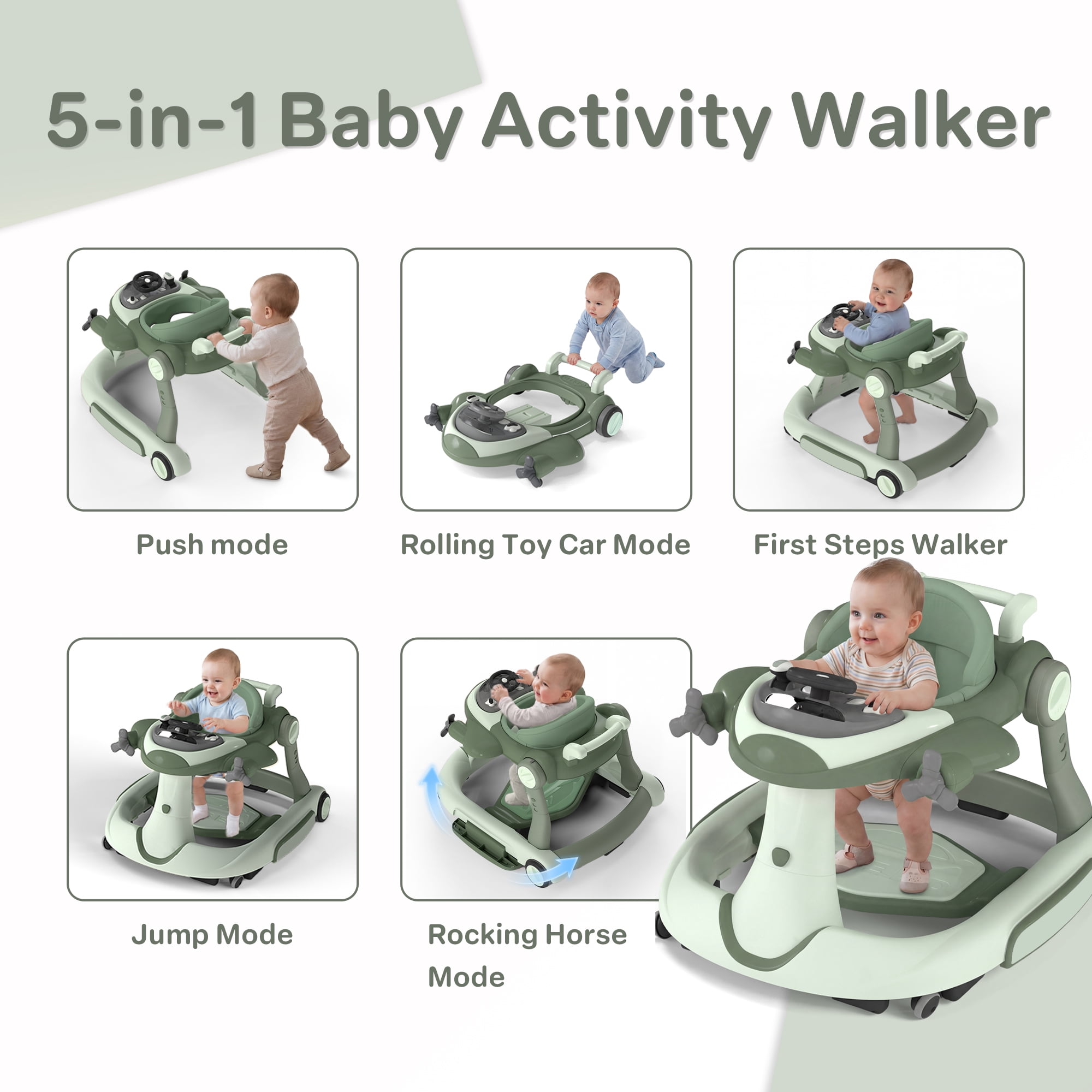 AILEEKISS 5-in-1 Musical Baby Walker with Wheels, Foldable Baby Walker for Boys Girls, Green