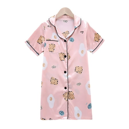 

MXIEZI Girls Pajamas Dresses Summer Kids Short Sleeve Button Silky Nightgown 3-10 Years Baby Toddler Nightshirt Dress