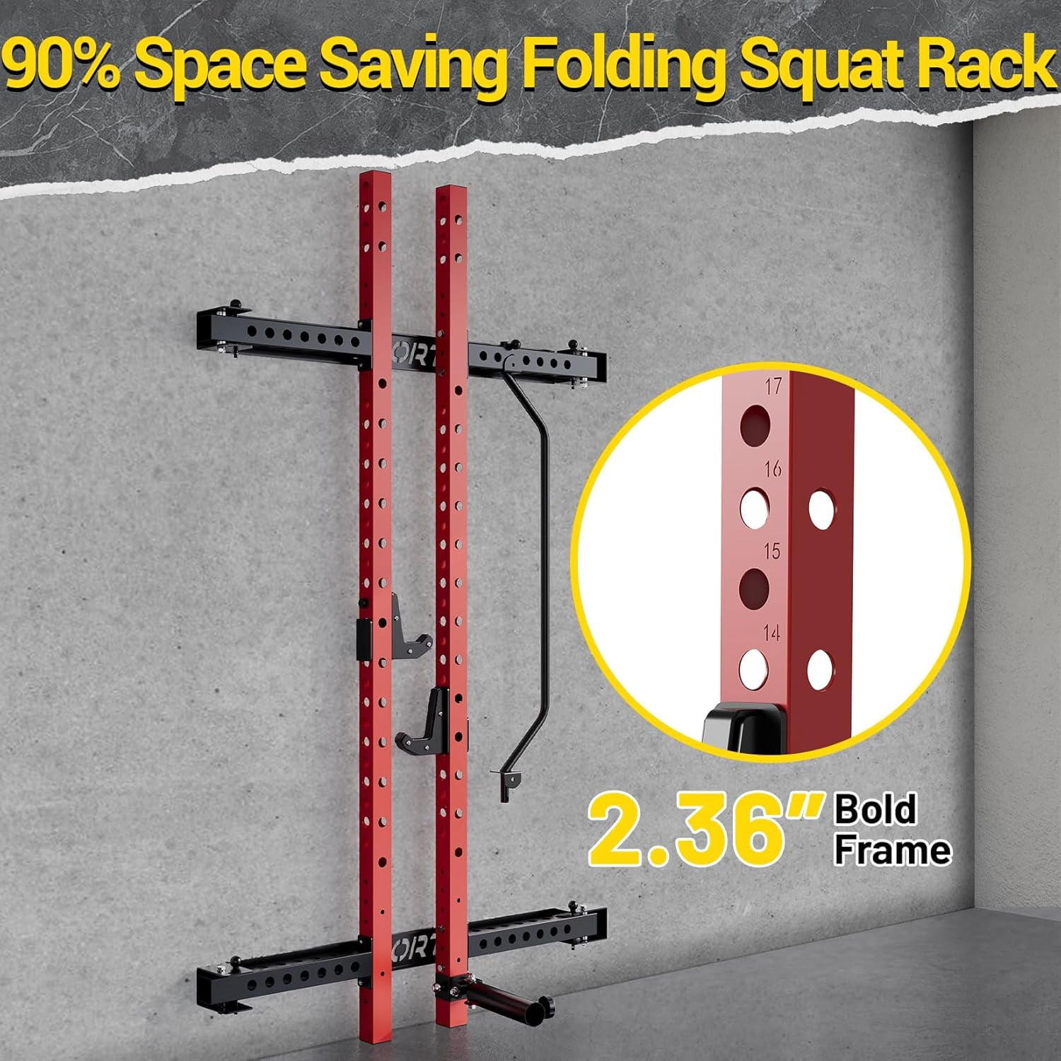 Riedhoff Folding Wall Mounted Squat Rack with Pull Up Bar, 47 x 22 x 89", Black & Red