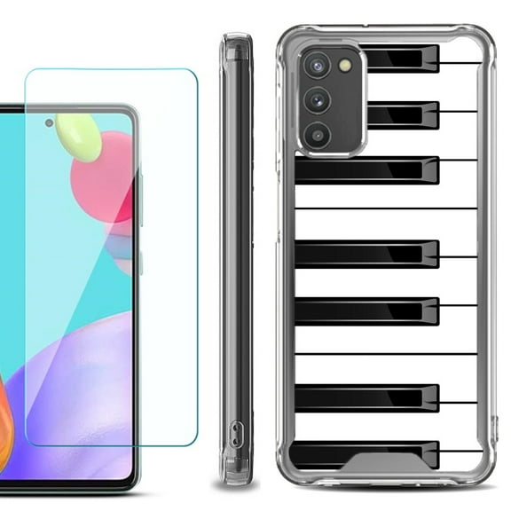 Shockproof Bumper Phone Case for Samsung Galaxy A03s, with Tempered Glass Screen Protector, by OneToughShield ® - Piano Design