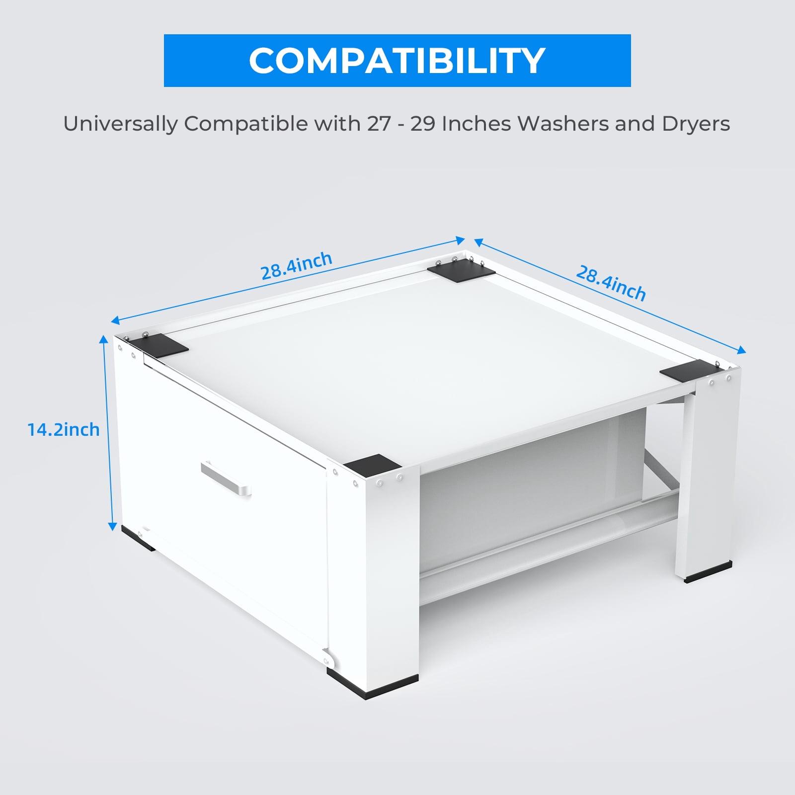 28.4" Washing Machine Pedestal with Drawer and Upper Panel Matalde Laundry Pedestal Upgraded Design, Washer and Dryer Stand, White