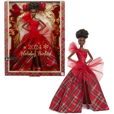 Barbie Signature 2024 Holiday Barbie Fashion Doll, Seasonal Collector Gift, Brown Hair with Plaid Gown