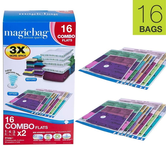 MagicBag Smart Design Instant Space Saver Storage - Combo Flat - Set of 16 Bags Total - Airtight Double Zipper - Vacuum Seal - Clothing, Pillows - Home Organization