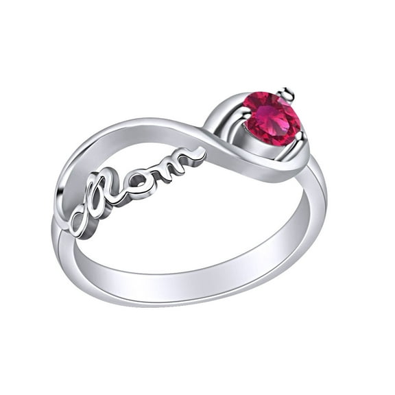 Mother's Day Jewelry Round Shpe Simulated Ruby Mom Infinity Ring 14k White Gold Over Sterling Silver