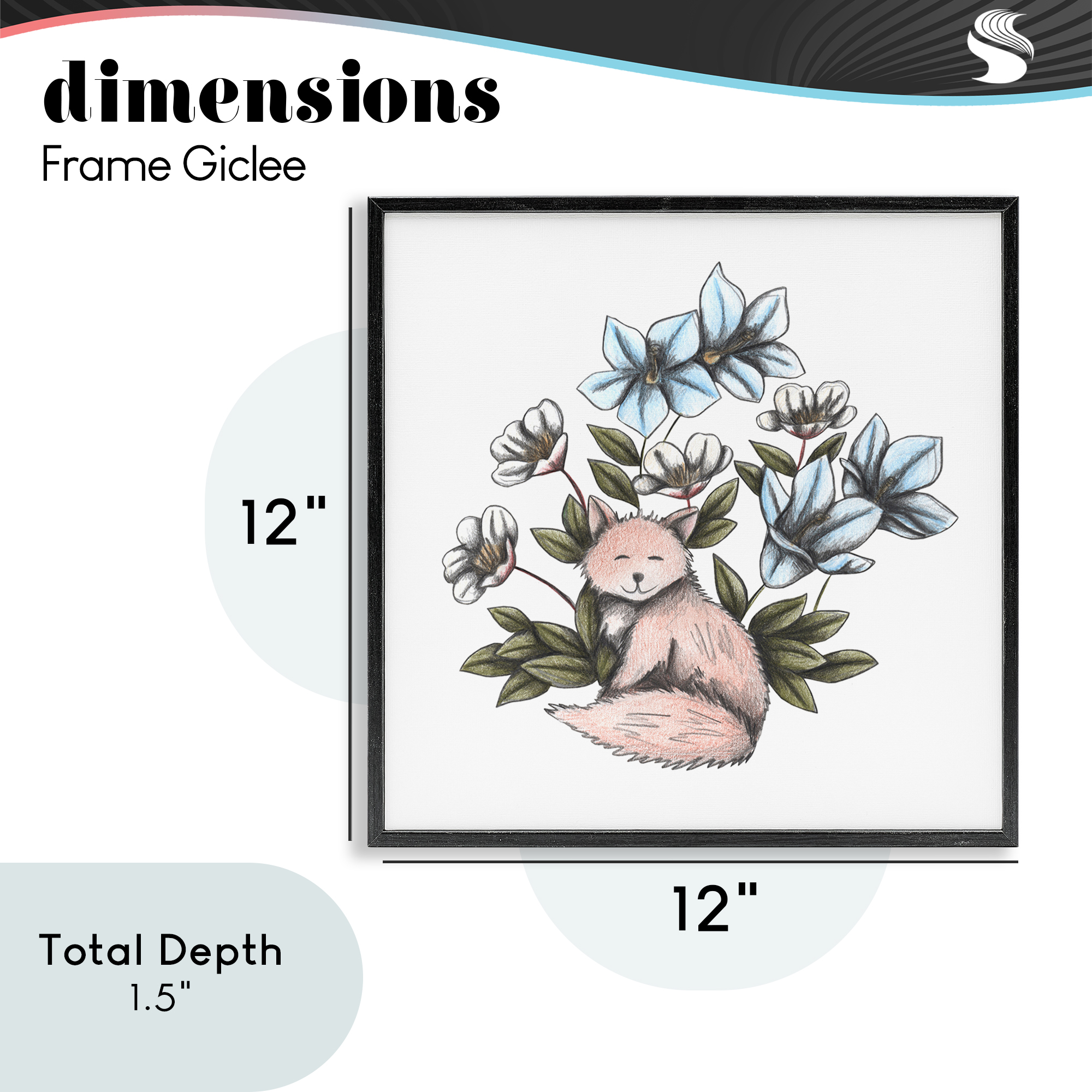 Gentle Fox with Flowers Black Framed Giclee Art, design by Cecilia Battaini