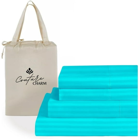 Couture Charm Hotel Luxury 500-TC Giza Cotton Queen Size 4-Pcs Sheet Set Fits Upto 24-26" Deep Pocket (Stripe, Turquoise)