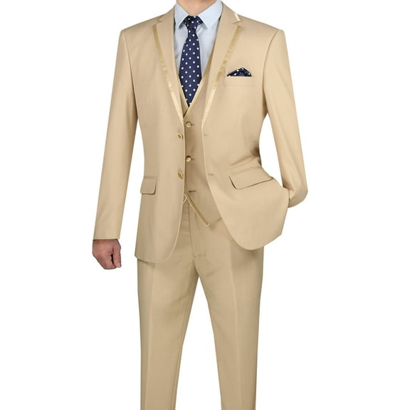Luxurious Men's Slim-Fit 3-Piece Textured Solid Trimmed Lapel Suit - Beige 36S