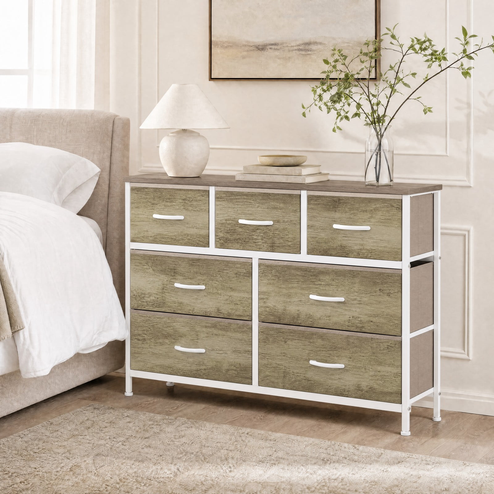 Telyra 7-Drawer Fabric Dresser TV Stand Organizer with Wood Top and Metal Frame Wide Storage Chest, Oak Greige