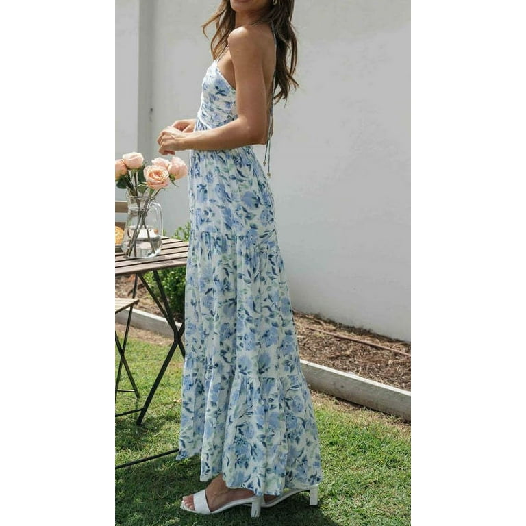 Women's Summer Chiffon Floral Maxi Dress Sleeveless Halter V Neck Flowy  Long Dress Boho Backless Tiered Swing Beach Dresses - Walmart.com