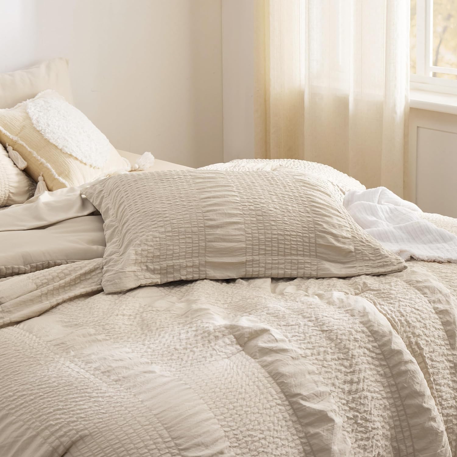 Cozy Comfort Bed in a Bag Queen - Queen Comforter Set 7 Piece Stripes Seersucker Bedding Set, Soft Lightweight Down Alternative Comforter Queen Bed Set(Khaki,Queen 90 x 90 inch)