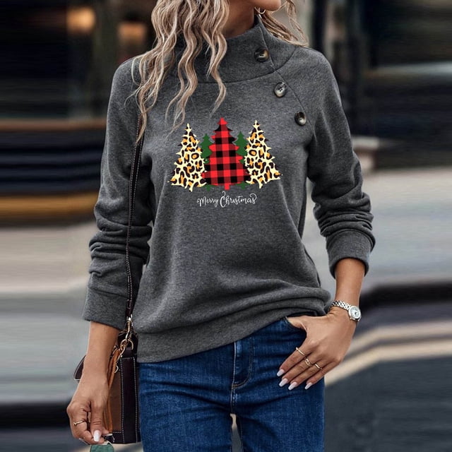 Mirages Chandail en Molleton Femme Automne, Haut de Mode Imprimé de Noël à Col Rond pour Femme, Chandails en Molleton à Manches Longues