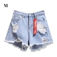 thumbnail image 1 of Pantalones cortos de mujer Vaqueros Cintura alta Agujeros destruidos Pantalones cortos con dobladillo deshilachado, Azul, M Inevent AP001525-07B, 1 of 7