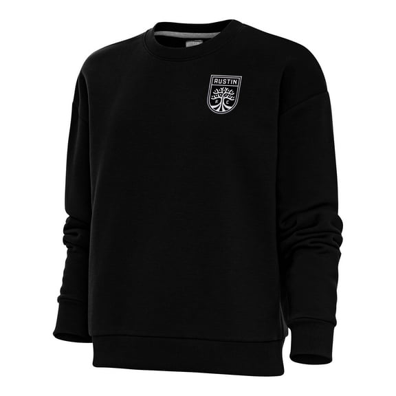 Women's Antigua Black Austin FC Brushed Metallic Logo Victory Crewneck Pullover Sweatshirt