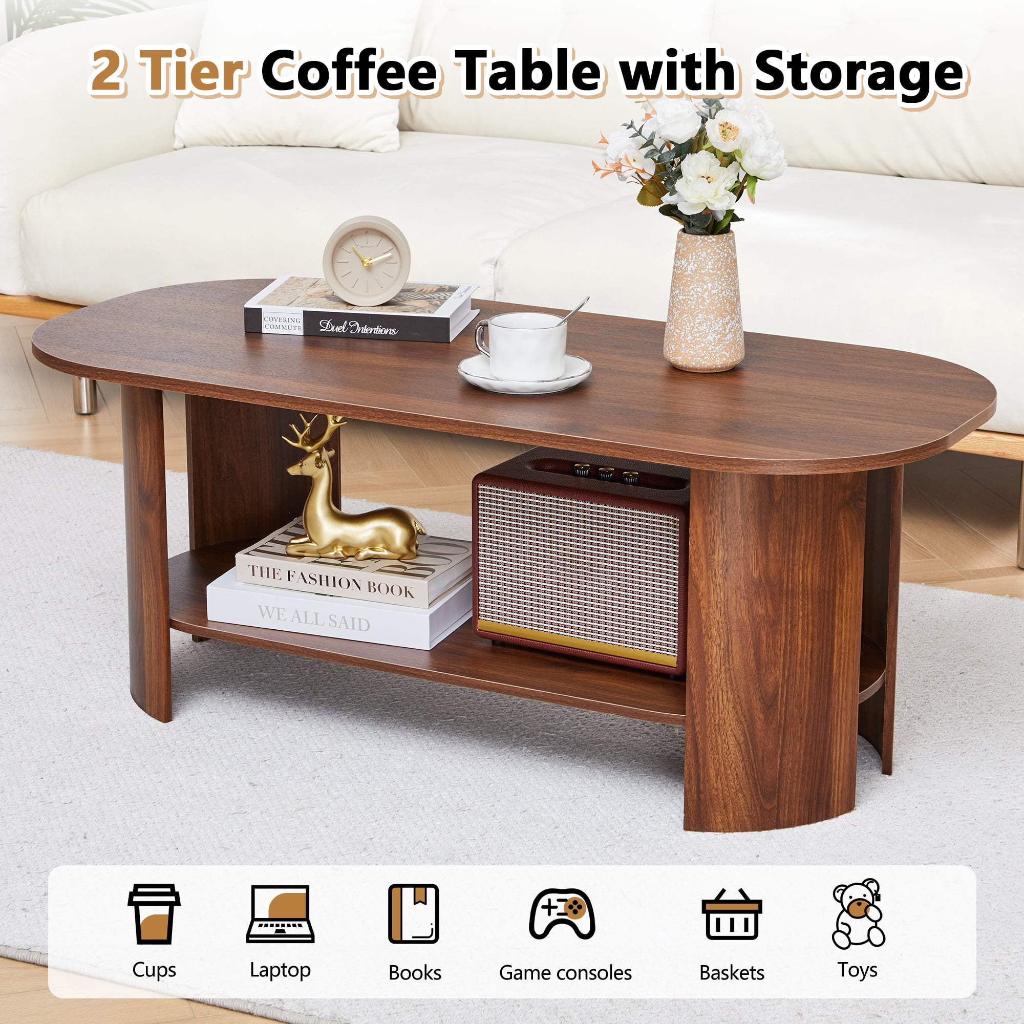 Wirrytor Oval Coffee Table with Storage Shelf, 2-Tier Modern Farmhouse Wood Center Table for Living Room, Rustic Brown