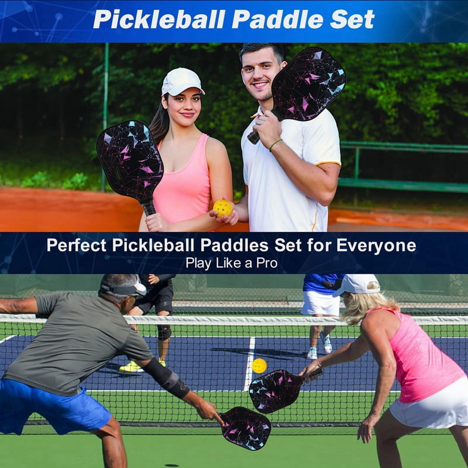 Pickleball Paddle, Fiberglass Pickleball Set with 2 Pickleball Paddles, 4 Pickleball Balls, 1 Portable Carry Bag