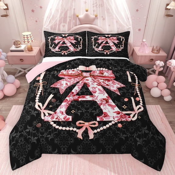 Castle Fairy Ribbon Bowknot Letter Monogrammed A Bedding Comforter Set 2pcs for Child Teens Adults,Boho Vintage Floral Damask Twin Comforter Sets Microfiber,Princess Pearl Bow Breathable Bedding Set