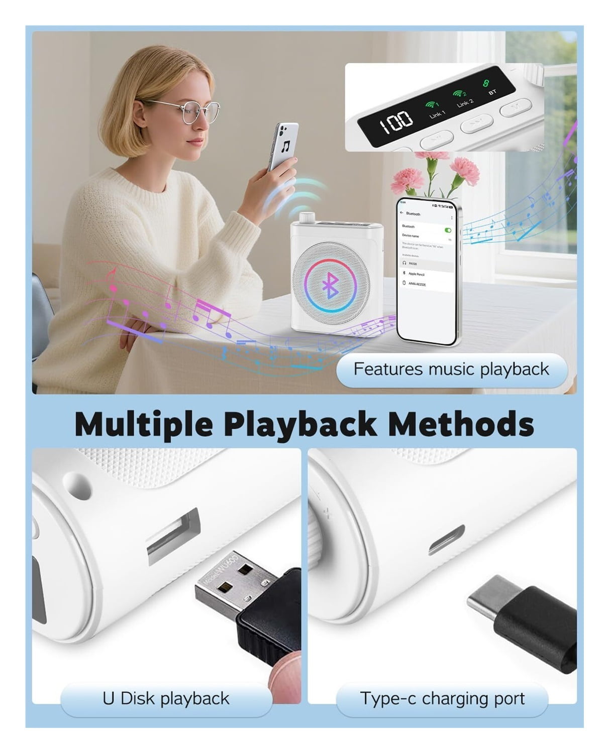 Voice Amplifier for Teachers with Wireless Magnetic Lavalier Microphone, Bluetooth Portable Rechargeable Speaker, 2 Mics for Classroom, Meetings, Speeches, Outdoor