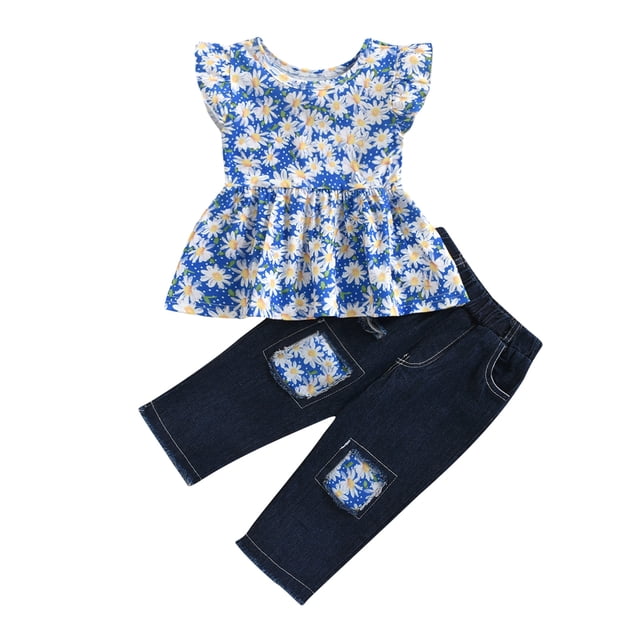 SUNSIOM Girl?s Fashion Little Daisy Vest and Elastic Patchwork Jeans Set