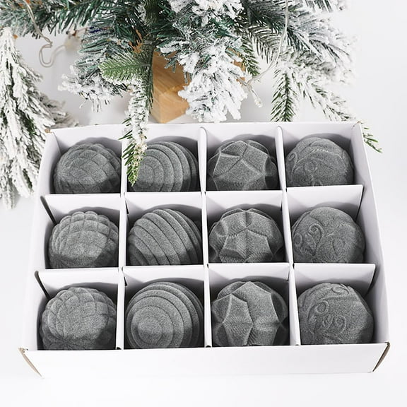 12 PCS Velvet Christmas Balls, Ornaments Set for Christmas Tree, Shatterproof Flocked Balls, Hanging Vintage Pendant Decoration with 4 Styles for Xmas Holiday Wedding Party Decor (Gray, 2.36 Inch)