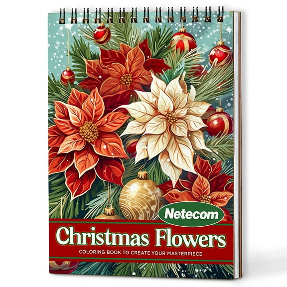 Netecom Christmas Flowers Coloring Book Spiral Bound For Adults, A5 Wooden Cover, 30 Elegant Coloring Pages of Festive Floral Arrangements for Stress Relief and Relaxation