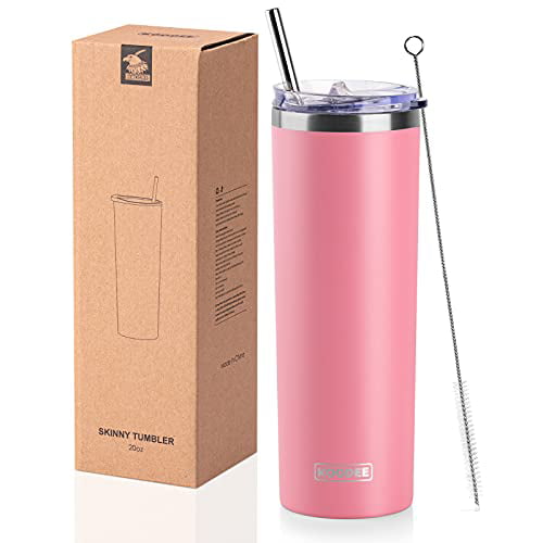 2 Straws and 2 Straw Brushes （Wine Red-Sky Blue） Double Wall Insulated Slim Water Tumbler Cup with 2 Lids 2 Pack Koodee 20 oz Stainless Steel Skinny Tumbler 