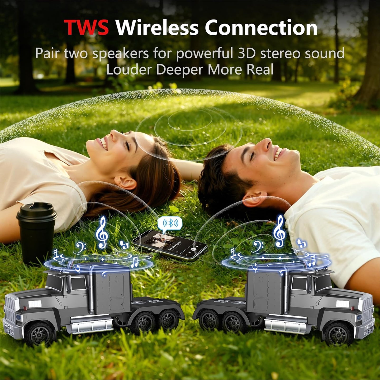 WSTER WS-570 Big Truck Model Bluetooth Speaker with USB TF Card AUX FM Radio TWS Pairing for Home OutdoorBeach Stereo Audio Subwoofers Birthday Gift(Black)