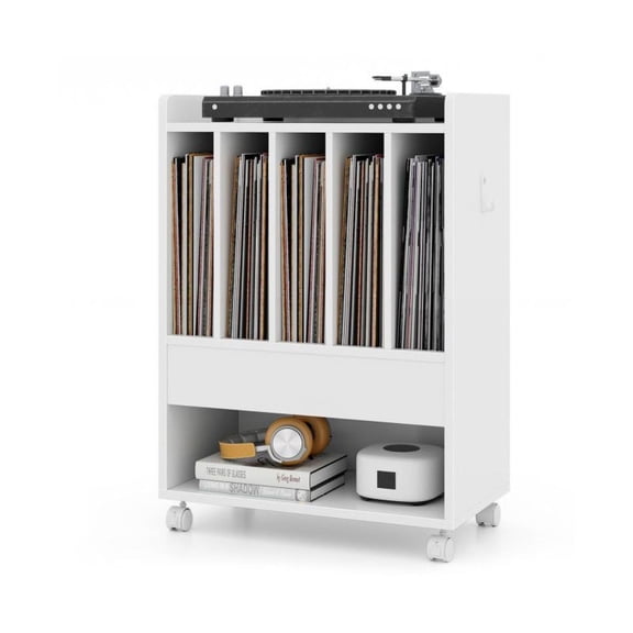 Record Player Stand with Drawer, Rolling Turntable Console, Vinyl Storage Organizer, White Finish, 29” Height, MDF Wood