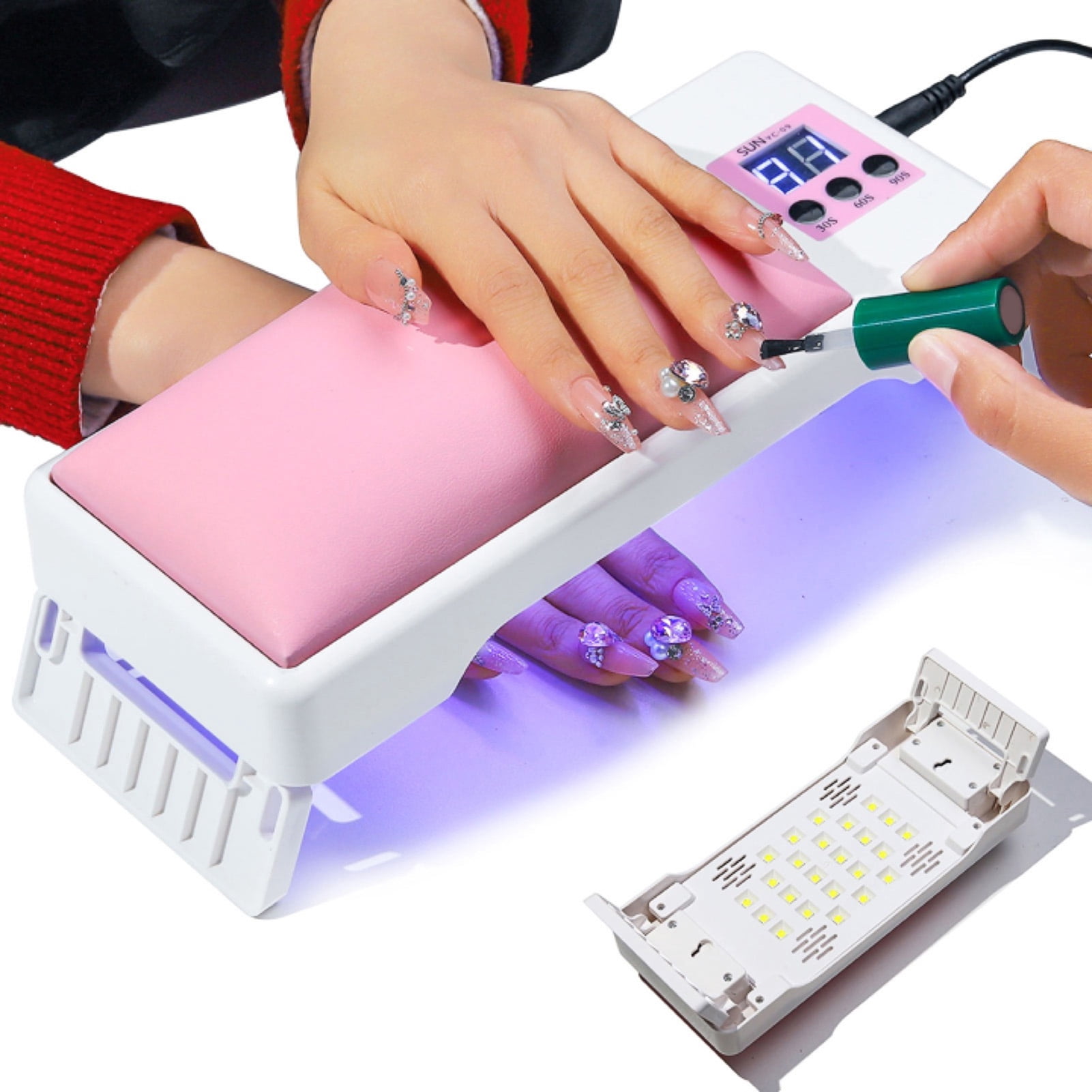dianhelloya UV Nail Lamp Dual Light Source High Power Plug-and-Play Timing Function Hand Pillow Design Cure Nail Gel ABS 2-in-1 72W UV Nail Polish Dryer Lamp for Women Pink EU Plug
