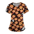 thumbnail image 1 of Camiseta de manga corta con cuello en V y temática de Halloween para mujer: estampado espeluznante de calabaza y telaraña, 1 of 3