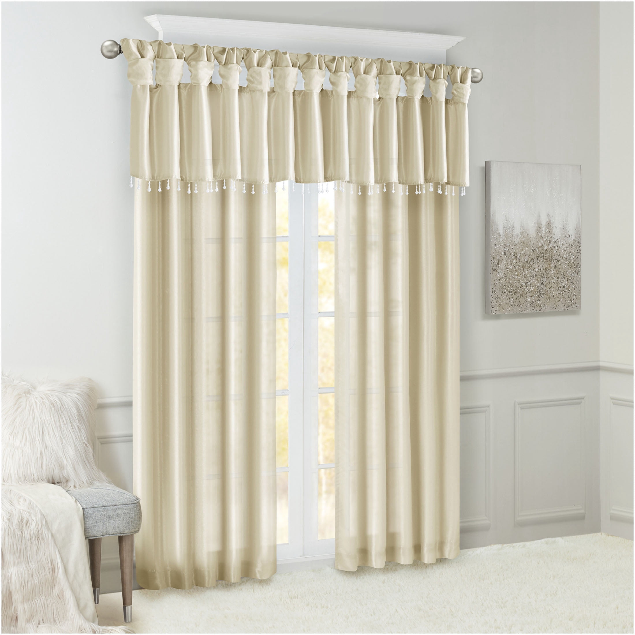 JERFIT Elegant Champagne Faux Silk Window Valance with Beaded Trim, 50x26 Inch Lightweight Blackout Valance for Living Room Bedroom