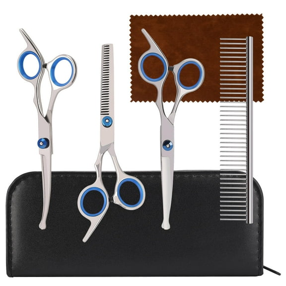 Professional 5-in-1 Dog Grooming Scissors Set with Safety Round Tips - Heavy-Duty Grooming Scissors for Pets - Essential Dog Grooming Supplies for Trimming Hair of Dogs and Cats,Blue