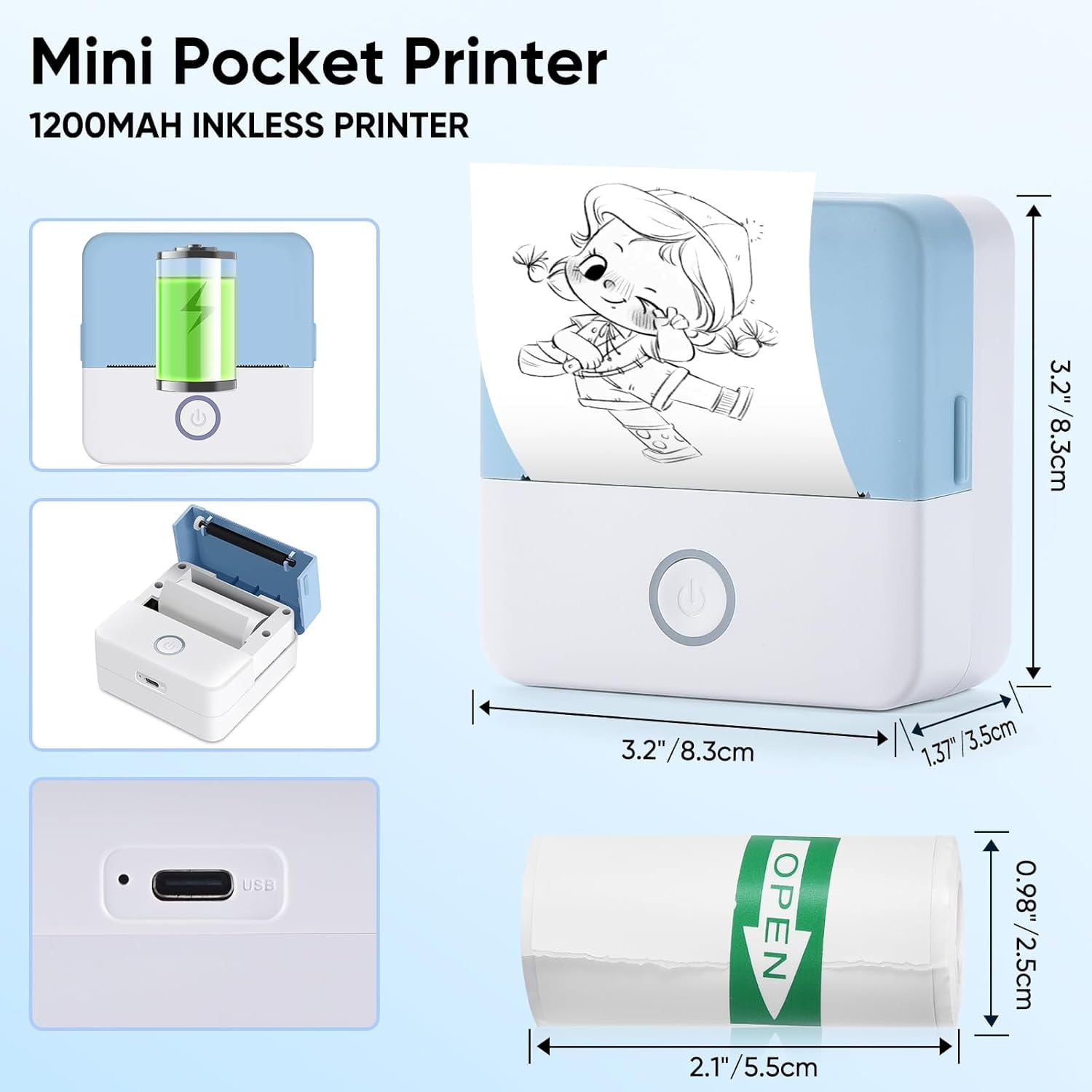 ROJAX Print Pods Mini Thermal Printer, Inkless Portable Sticker Maker with 10 Rolls Paper, Bluetooth Pocket Printer for Phone, Notes, Journal & DIY, Compatible with iOS & Android (Blue)