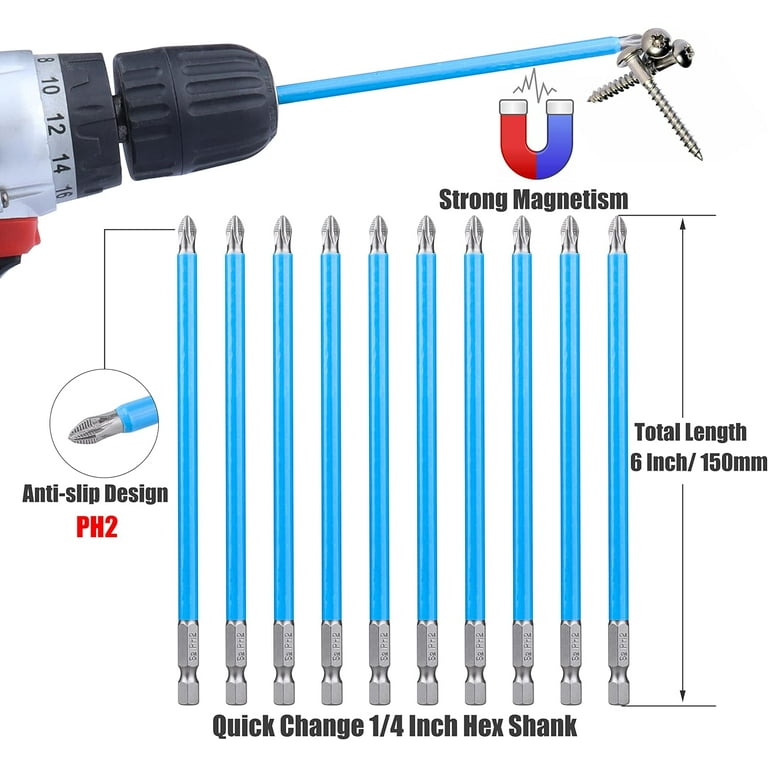 Phillips Screwdriver Bit Set 10Pcs 6 Inch Long Magnetic Ph2 Impact Driver Bits