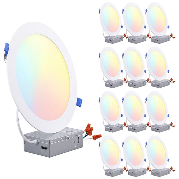 12 pack 8 Inch LED Recessed Light with J-Box, CRI90 5%-100% Dimmable, Ultra-Thin, 2700K/3000K/3500K/4000K/5000K Selectable