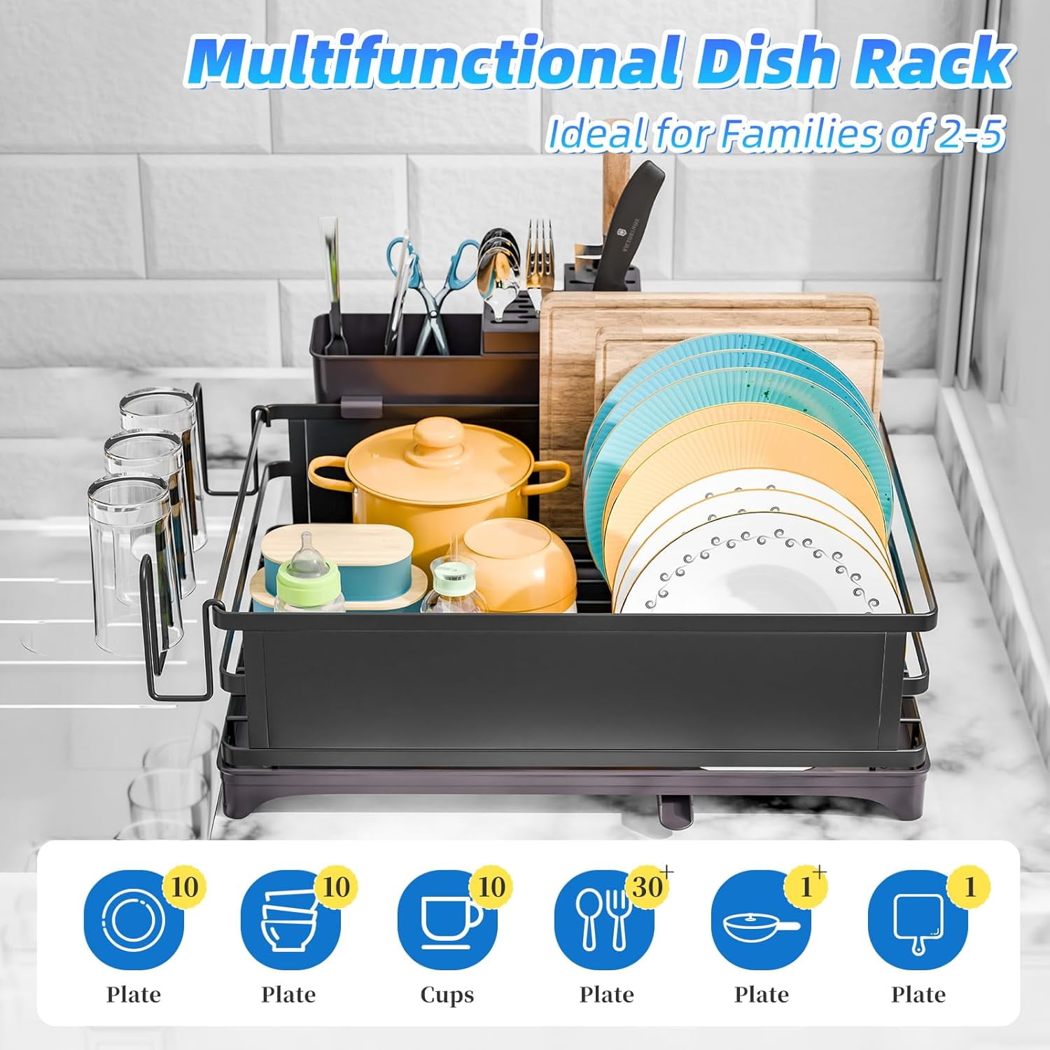 Dish Rack, Steel Dish Drying Rack for Kitchen Counter, Dish Drainer with Cutlery Holder for Large Capacity, Dish Drying Rack with drip Tray, Black