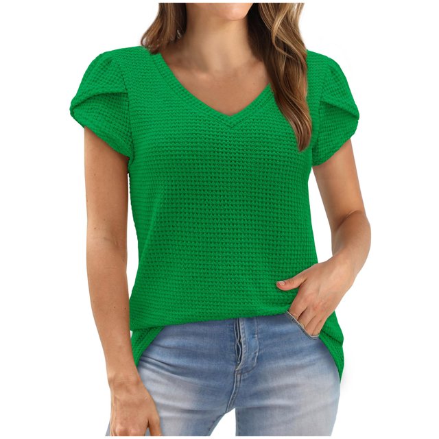 Dealovy Tunique pour Femmes T-Shirts d'Été Décontractés Amples Col en V Manches Courtes Texturées