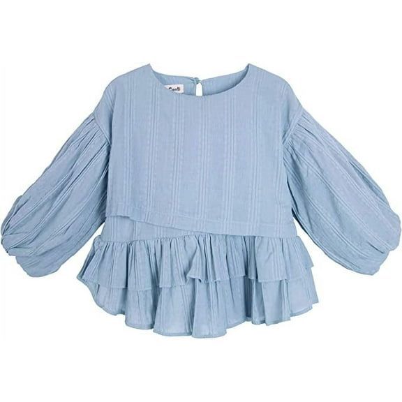 Conti Kids Toddler Girls Long Bell Sleeve Shirts Ruffle Cotton Blouse Top Blue 6-7 Years