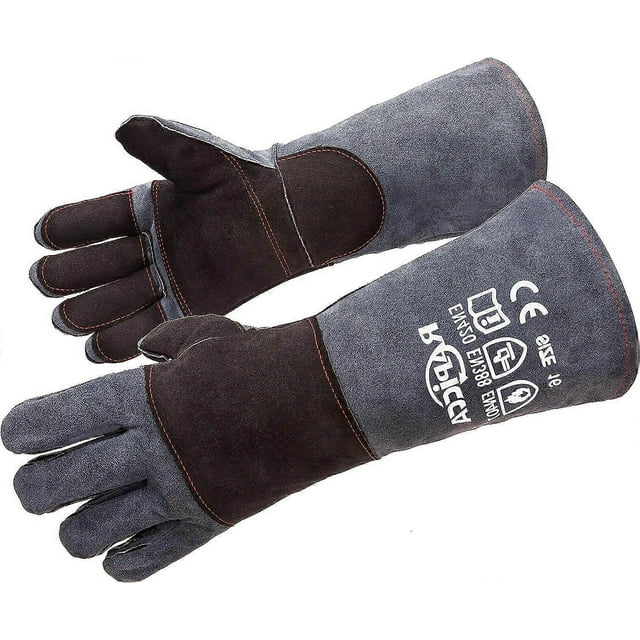16 Inches,932, Leather Forge//Stick Welding Gloves Heat/Fire Resistant, Mitts for Oven/Grill/Fireplace/Pot Holder/Tig Welder//BBQ/ glove GreyBlack