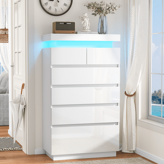 NEGYLIM 6 Drawer White Dresser, High Gloss Dresser with LED Light for Bedroom, Living Room, Hallway, Easy Assembly