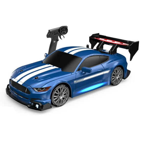 1:24 Scale 4WD Drift Remote Control Car - 30KM/H Mustang Model (Blue, Single Battery Edition) with LED Lights and Interchangeable Wheels