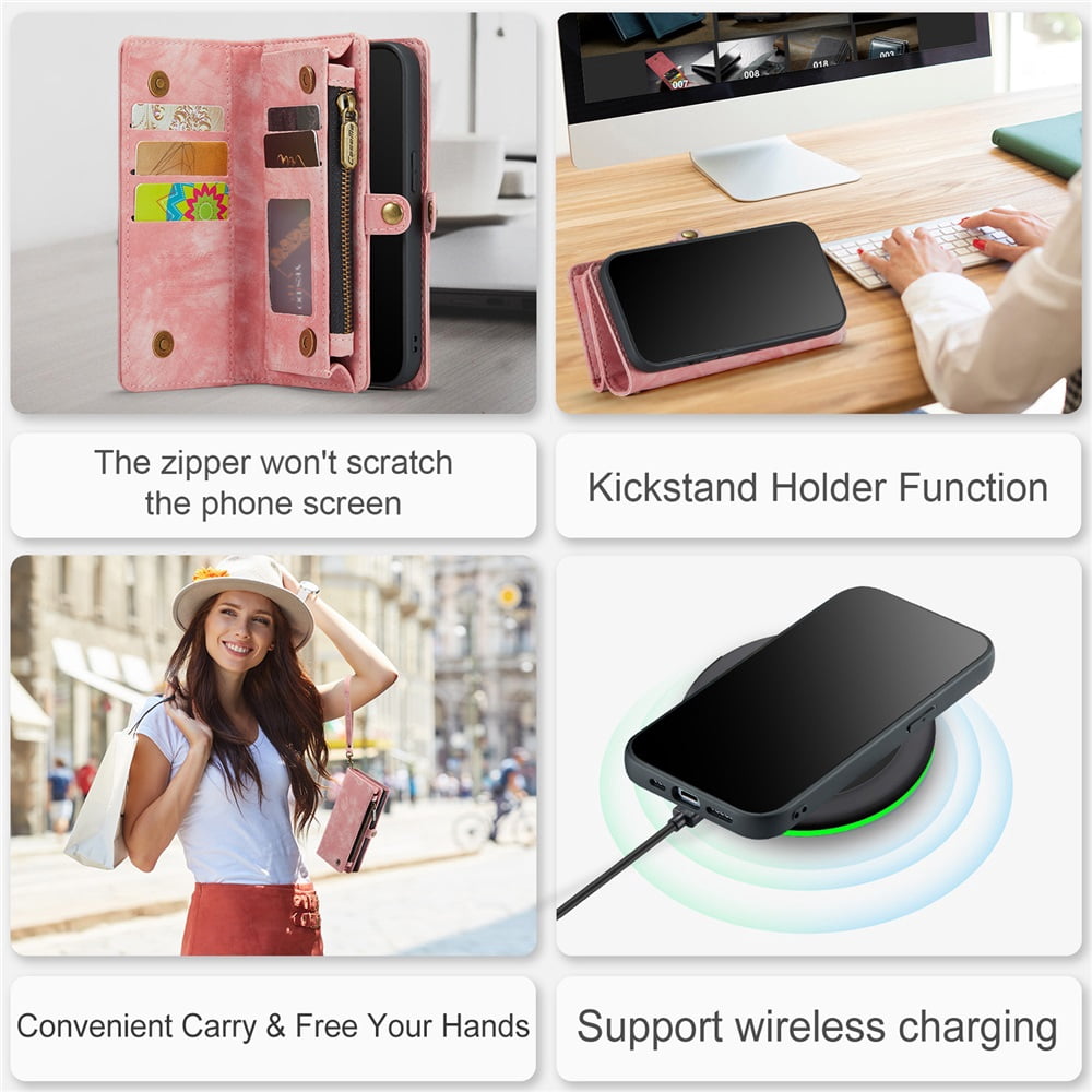 CaseMe Leather Case for iPhone 12 Pro,2 in 1 Detachable Wallet Case with 8-Card Holder Zipper Bills Slot,Magnetic Shockproof Flip Leather Cover Zipper Pocket Phone Cases,Pink,For iPhone 12 Pro